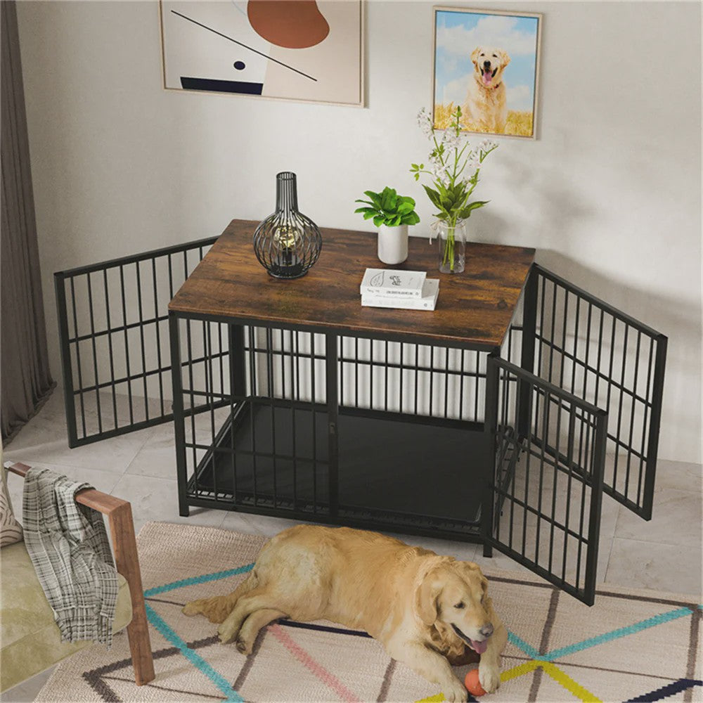 Stijlvolle Houten Hondenkennel - Meubelstijl Bench met 3 Deuren en Uitneembare Lade