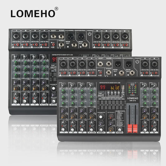 Lomeho AM-GT6/8 Professionele Audio Mixer Console met 7-Band EQ, USB & 99 Effecten