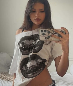 Dames T-shirt met Streetwear Hip Hop Mondprint - Losse Pasvorm