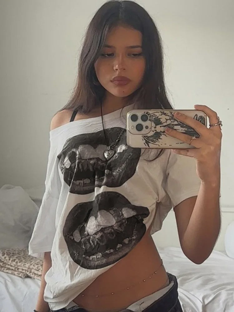 Dames T-shirt met Streetwear Hip Hop Mondprint - Losse Pasvorm