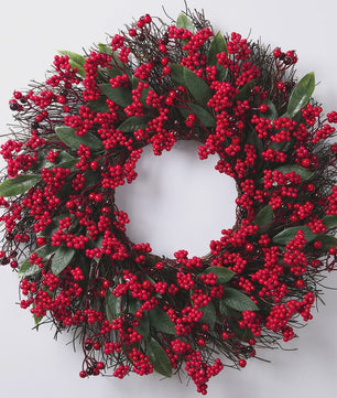 Handgemaakte Kerstkrans met Cipres, Rode Bessen & Denneappels - Voordeur Decoratie