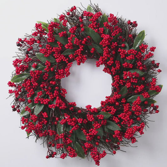 Handgemaakte Kerstkrans met Cipres, Rode Bessen & Denneappels - Voordeur Decoratie
