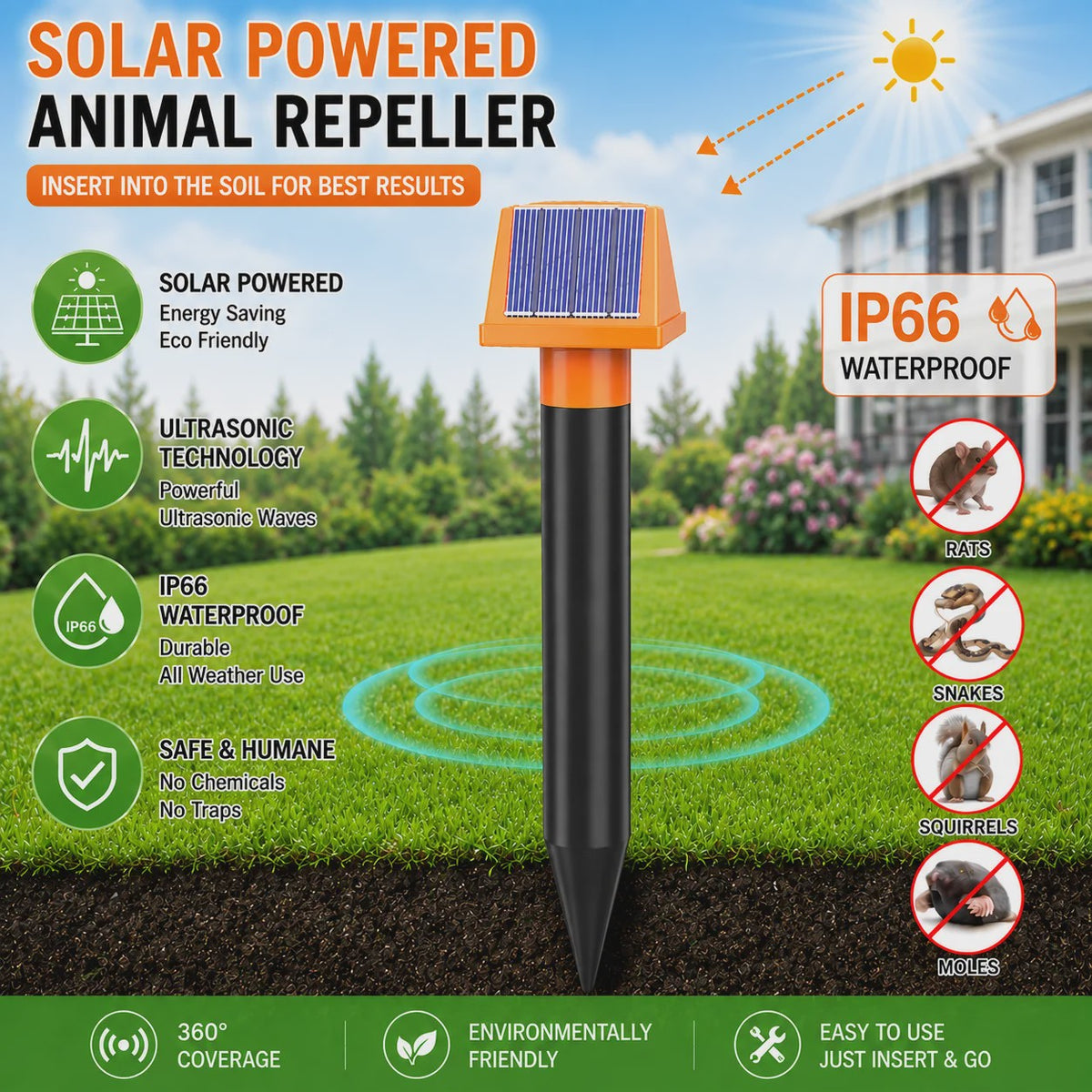 Solar Aangedreven Ongedierteverjager Mollen & Slangen - Waterdicht met LED & Buzzer