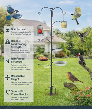 Voederpaal Vogelhuisje met 4 Haken - 190 cm Hoog - Zwaar Staal - Inclusief Voerbak & Waterbak