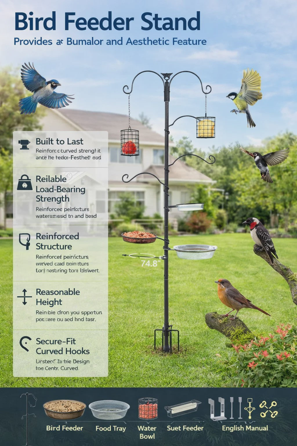 Voederpaal Vogelhuisje met 4 Haken - 190 cm Hoog - Zwaar Staal - Inclusief Voerbak & Waterbak