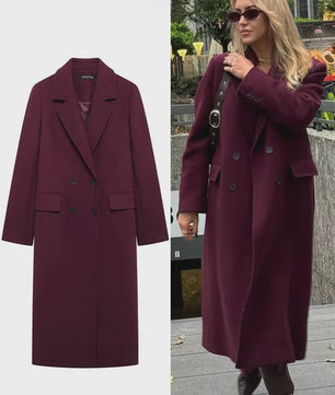 Dames Jas Burgundy - Dubbelzijdig Sluitend, Lange Mouwen, Klassieke Kraag - Herfst Winter Collectie