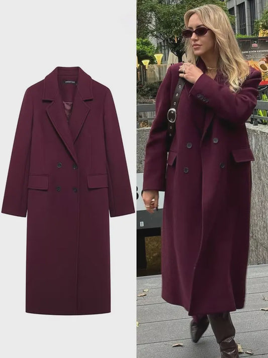Dames Jas Burgundy - Dubbelzijdig Sluitend, Lange Mouwen, Klassieke Kraag - Herfst Winter Collectie