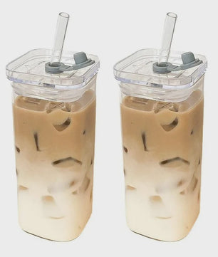 Vierkante Glazen Koffiebeker met Deksel en Rietje - Hittebestendig & Transparant