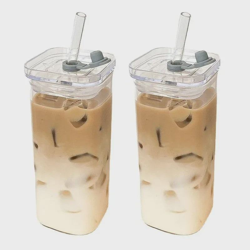 Vierkante Glazen Koffiebeker met Deksel en Rietje - Hittebestendig & Transparant