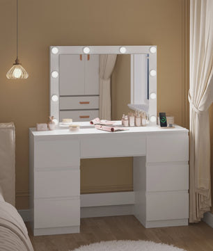 Witte Kaptafel met Spiegel, LED Verlichting en 7 Lades - Inclusief Oplaadpunt