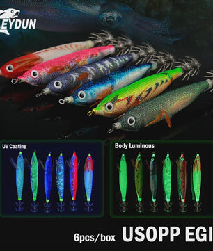 Leydun EGI Vis Lures Set - 6 Stuks 110mm - Luminous & UV Coating - Voor Zeebaars, Inktvis & Octopus