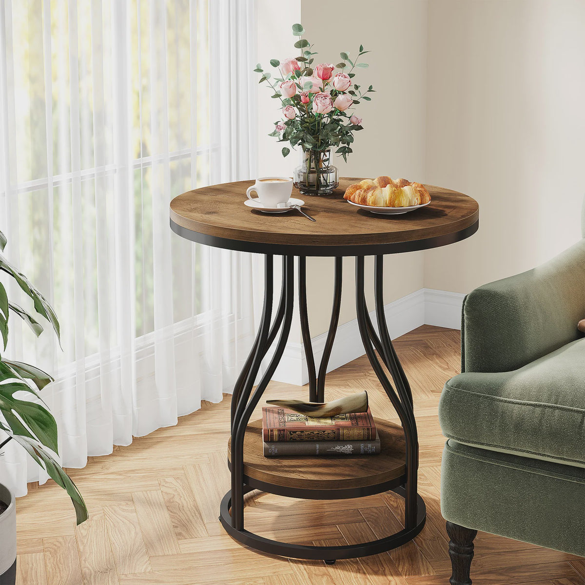 Industriële Ronde Bijzettafel met 2 Niveaus - Nachtkastje met Opslag