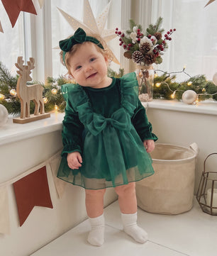 Baby Meisjes Kerst Romper Jurk met Lange Mouwen, Ruches, Tule en Hoofdband