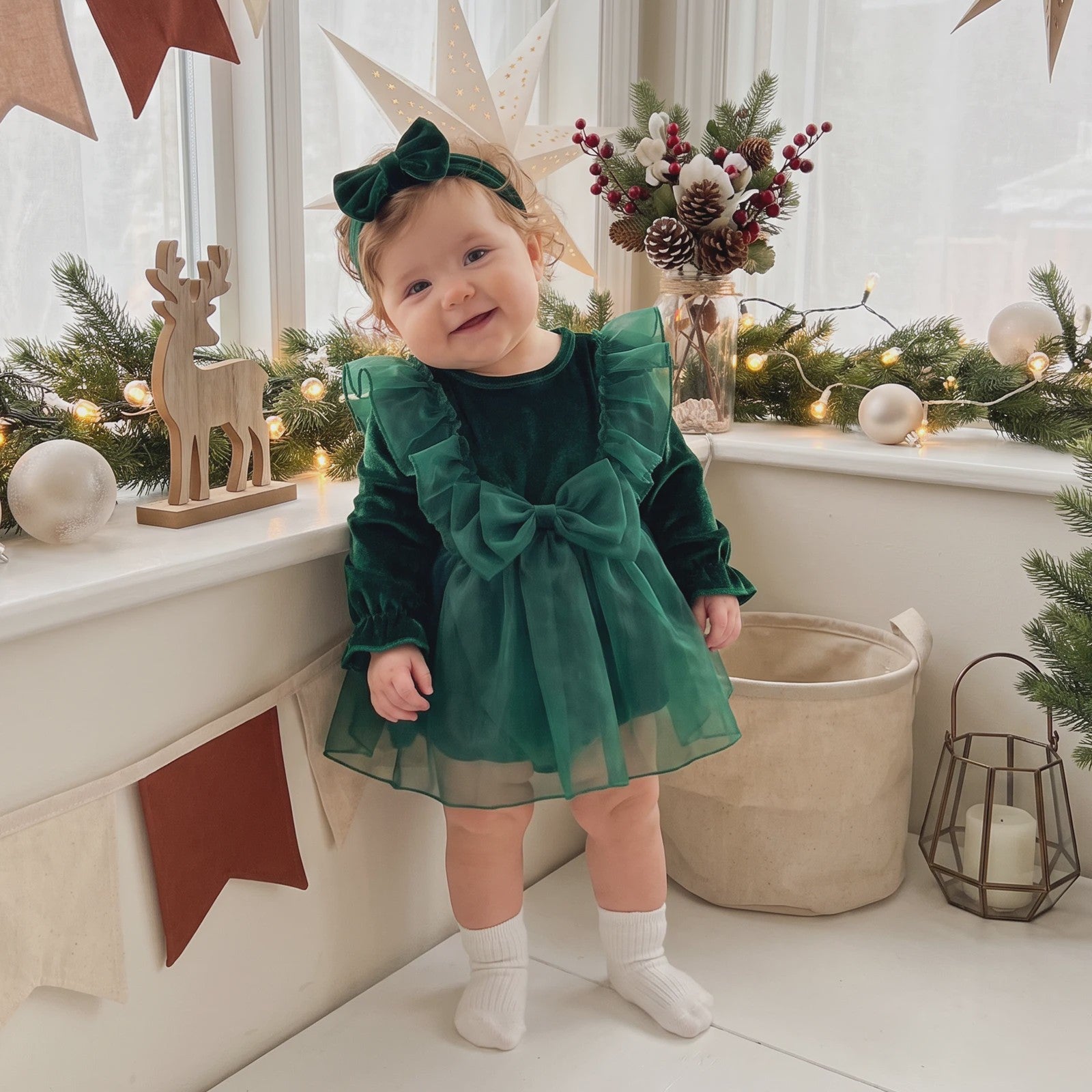Baby Meisjes Kerst Romper Jurk met Lange Mouwen, Ruches, Tule en Hoofdband