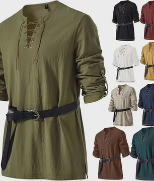 Heren Middeleeuwse Tuniek met Vetersluiting - Renaissance, Viking & Piraat Kostuum Shirt