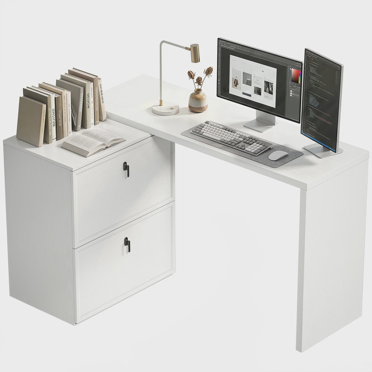 Omkeerbaar L-vormig Bureau met 2 Lades - Wit