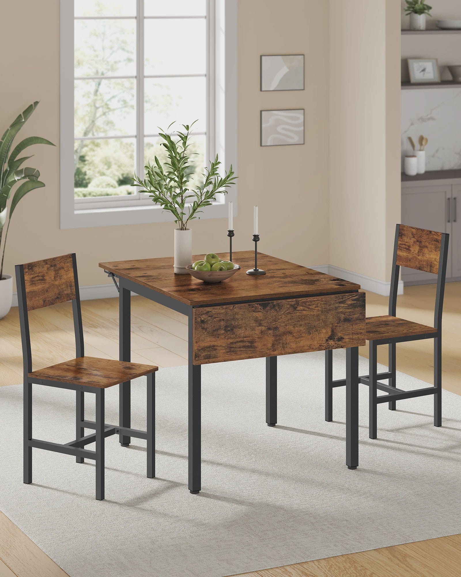 Compacte Eetkamer Set met 2 Stoelen en Klaptafel - Rustiek Houtdesign & Metaal