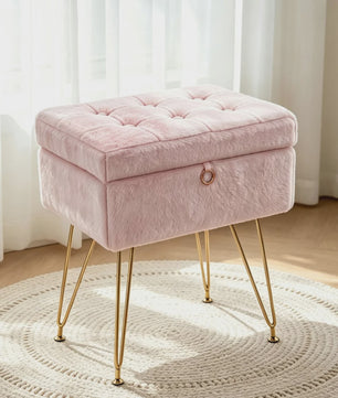 Luxe Fauteuil Poef met Opbergruimte & Pluche Zitting - Goudkleurige Poten