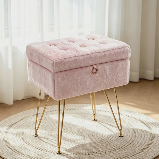 Luxe Fauteuil Poef met Opbergruimte & Pluche Zitting - Goudkleurige Poten