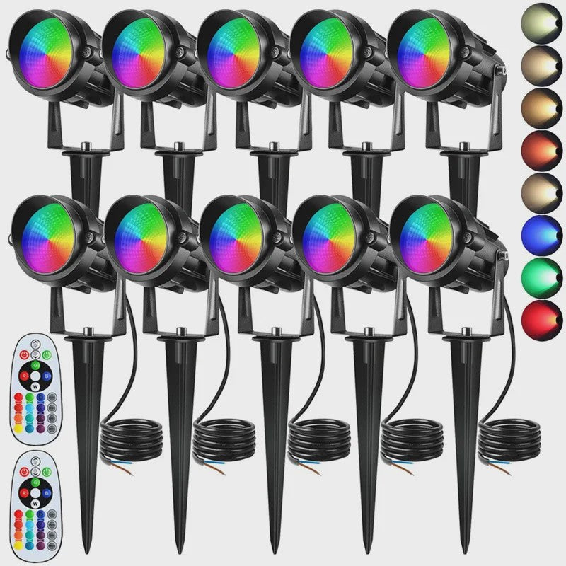 10x 12W RGBW LED Tuinspots - Laagspanning, Waterdicht, Kleurveranderend