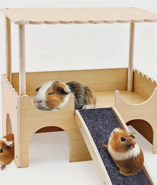 Houten Kasteel Speelhuisje voor Cavia's en Kleine Huisdieren met Klimtrap