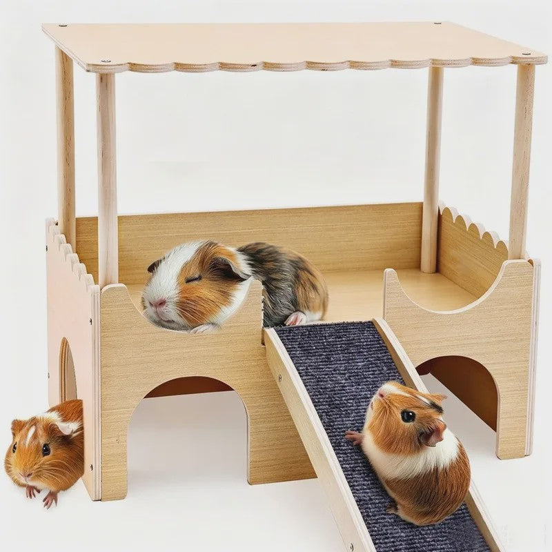 Houten Kasteel Speelhuisje voor Cavia's en Kleine Huisdieren met Klimtrap