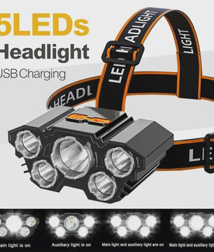 Krachtige 5 LED Hoofdlamp met Ingebouwde Batterij - USB Oplaadbaar voor Buitenactiviteiten