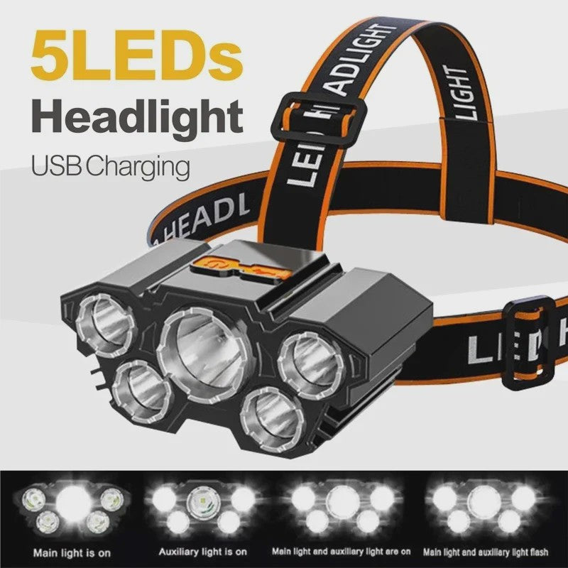 Krachtige 5 LED Hoofdlamp met Ingebouwde Batterij - USB Oplaadbaar voor Buitenactiviteiten