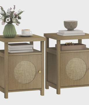 Set van 2 Smalle Nachtkastjes met Open Vak en Kastje - Bohemien Stijl, Rotan Afwerking