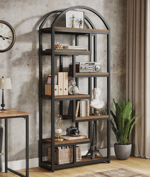 Industriële Boekenkast 71 inch Hoog met Boogvormig Design en Open Vakken - Stijlvolle Opbergoplossing