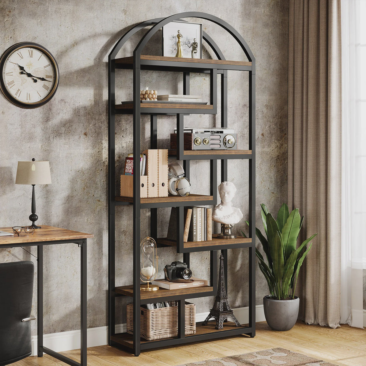 Industriële Boekenkast 71 inch Hoog met Boogvormig Design en Open Vakken - Stijlvolle Opbergoplossing