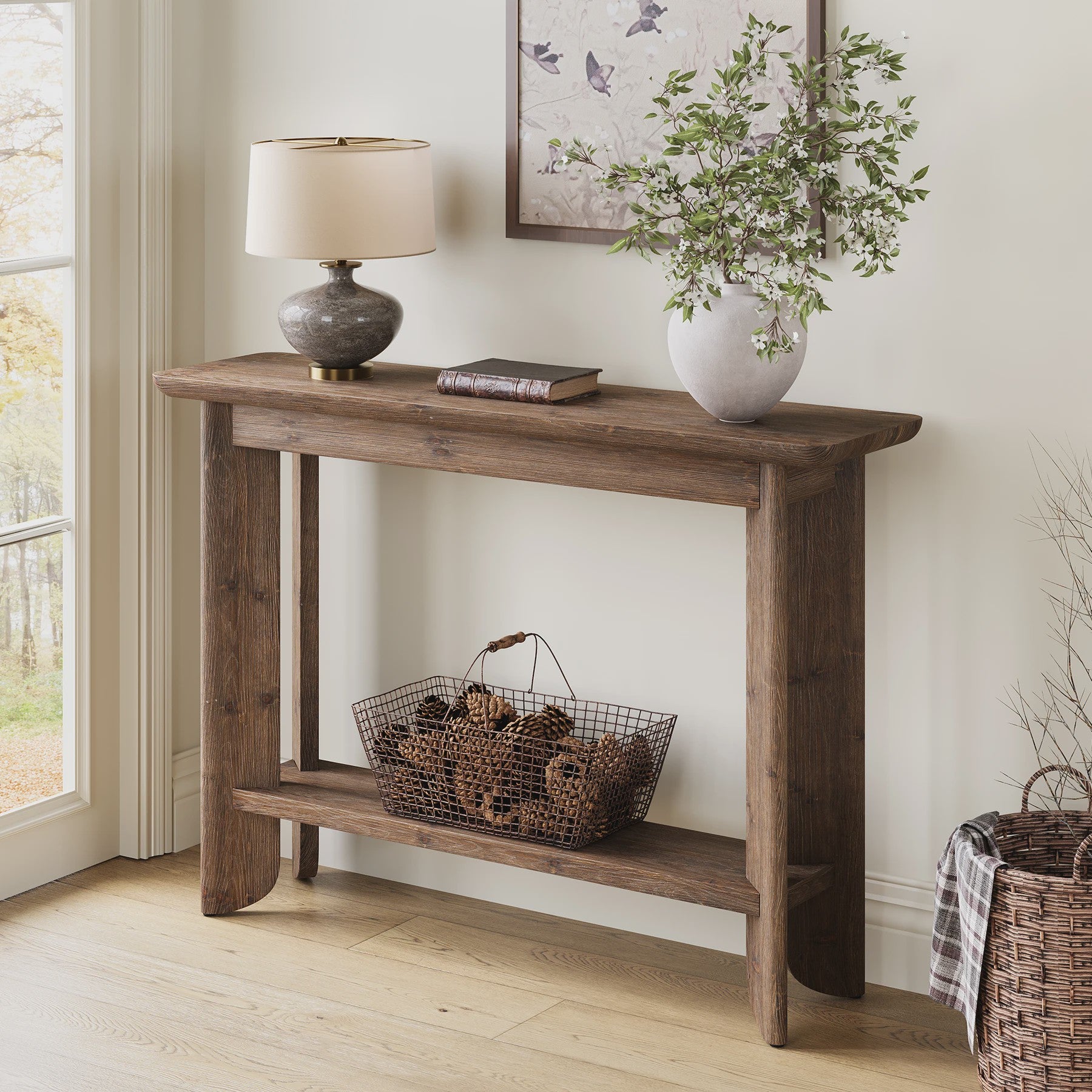 Massief Houten Console Tafel met 2 Lagen - Stijlvolle Sofa Tafel voor Hal of Woonkamer (Walnootkleur) - 105cm