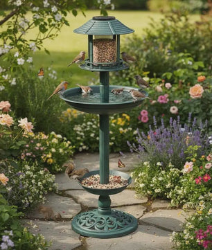 Decoratief Vogelbad met Voedersysteem en Verlichting - 97cm Hoog - Duurzaam Hars