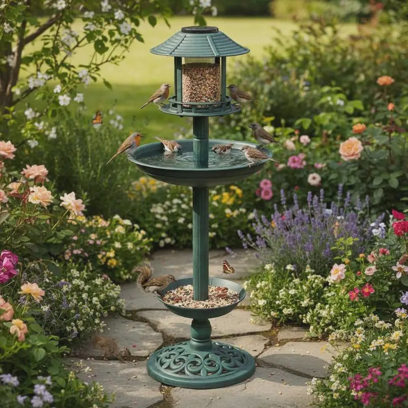 Decoratief Vogelbad met Voedersysteem en Verlichting - 97cm Hoog - Duurzaam Hars