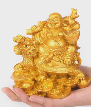 Gouden Lachende Boeddha Beeld met Draak en Schildpad - Feng Shui Decoratie