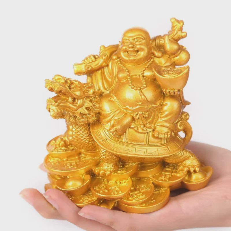 Gouden Lachende Boeddha Beeld met Draak en Schildpad - Feng Shui Decoratie