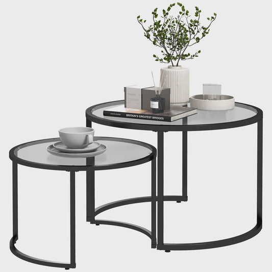 Set van 2 Ronde Nesting Tafels met Glazen Tafelblad en Zwart Stalen Frame