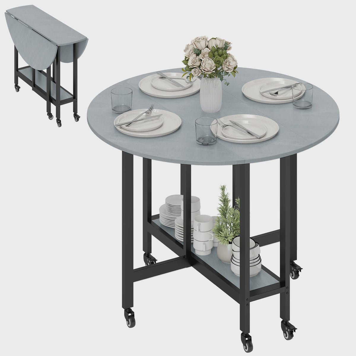 Homcom Klapbare Eettafel met Open Plank - Cementgrijs - Verrijdbaar