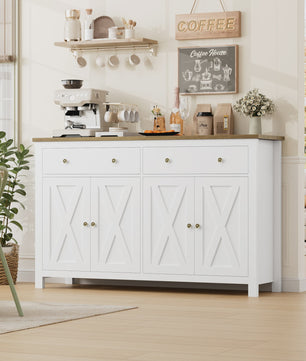 Groot Wit Dressoir met 2 Lades en 4 Deuren - Stijlvolle Opbergkast voor Woon- en Eetkamer (140x40x89cm)