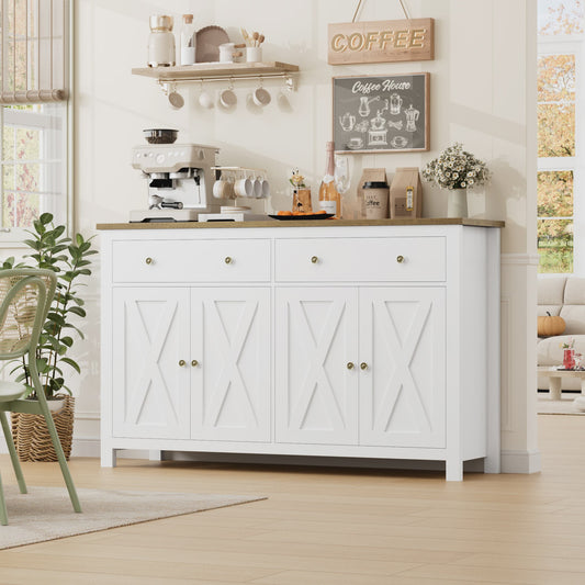 Groot Wit Dressoir met 2 Lades en 4 Deuren - Stijlvolle Opbergkast voor Woon- en Eetkamer (140x40x89cm)