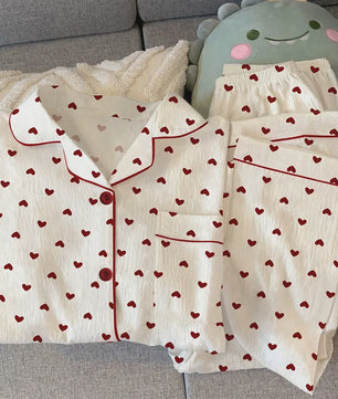 Dames Pyjama Set met Hartjesprint - Comfortabele Loungewear voor Lente & Herfst
