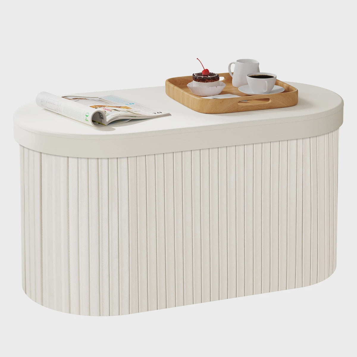 Ronde Opbergpoef met Afneembare Deksel - Beige Fluweel