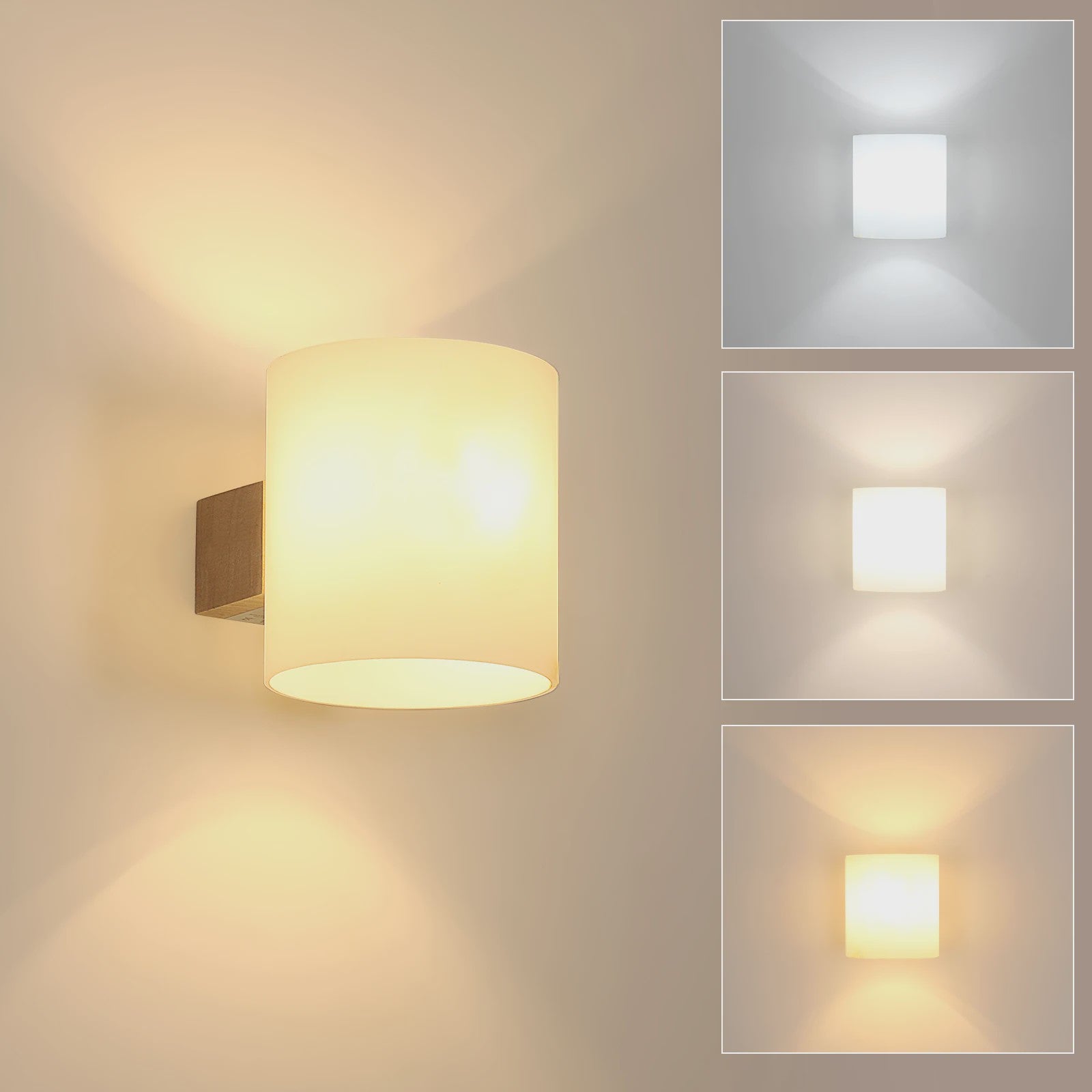 Houten Wandlamp Cilinder met Matglas en 3-kleuren LED E27 Lamp
