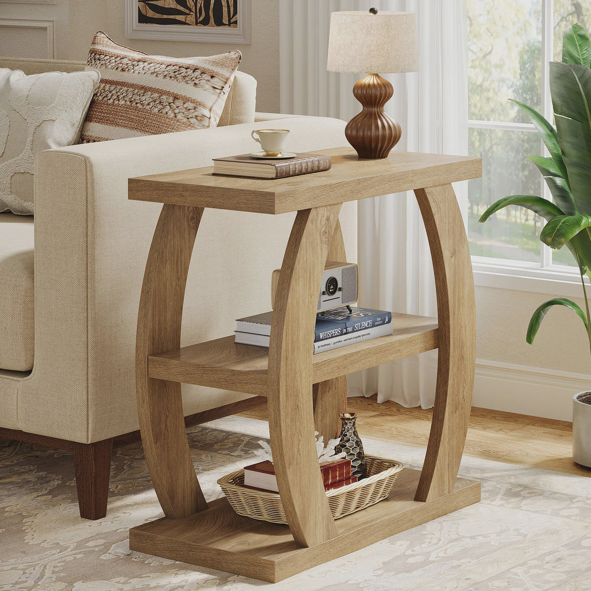 Houten Bijzettafel met 3 Niveaus en Geometrisch Frame - Natuurlijk Eiken