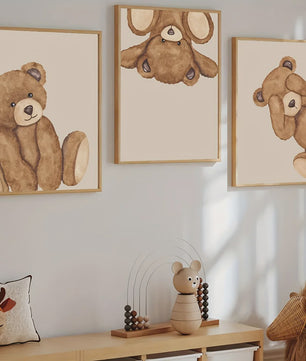 Set van 3 Schattige Bruine Beer Canvas Posters - Abstracte Dierenkunst voor Kinderkamer & Woonkamer