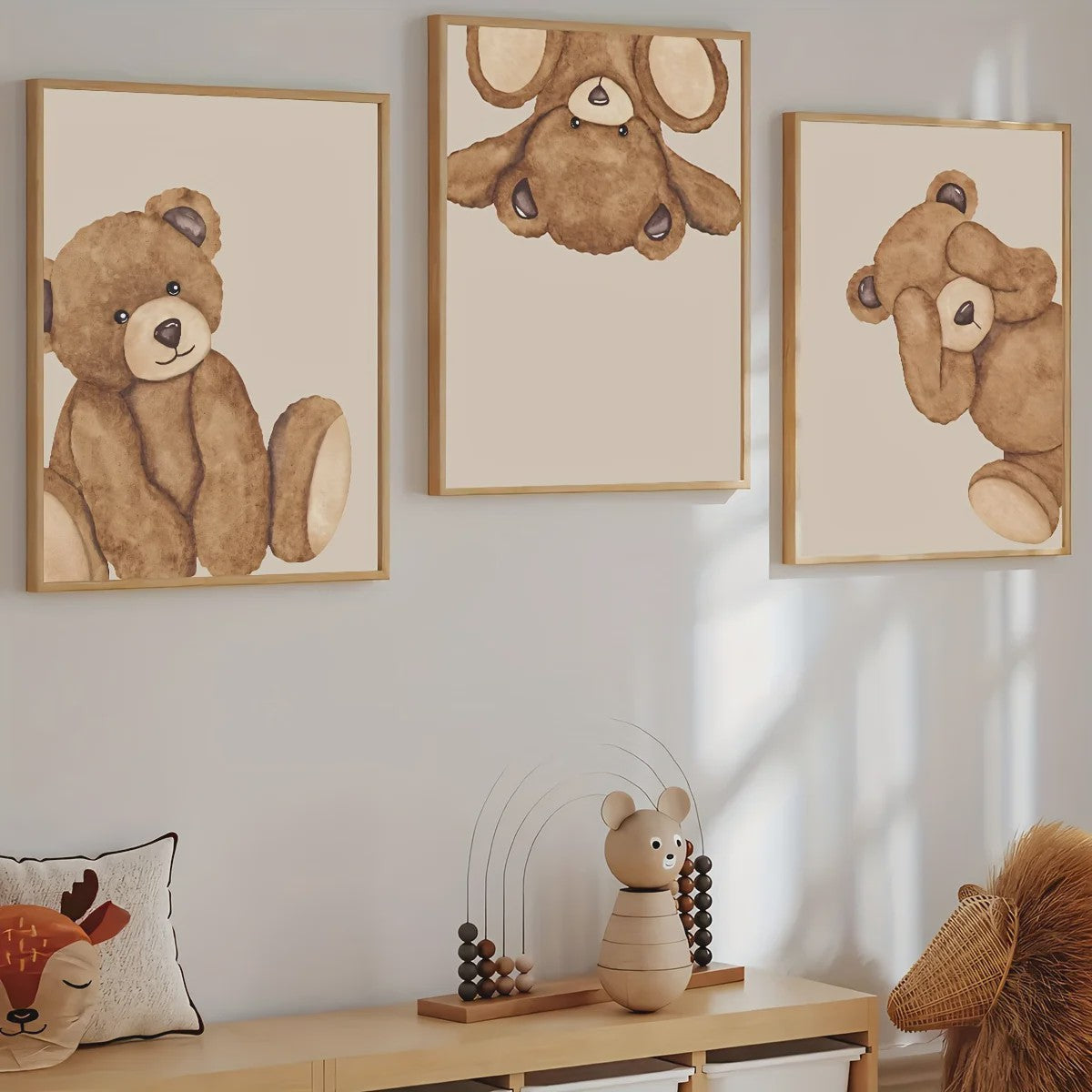 Set van 3 Schattige Bruine Beer Canvas Posters - Abstracte Dierenkunst voor Kinderkamer & Woonkamer