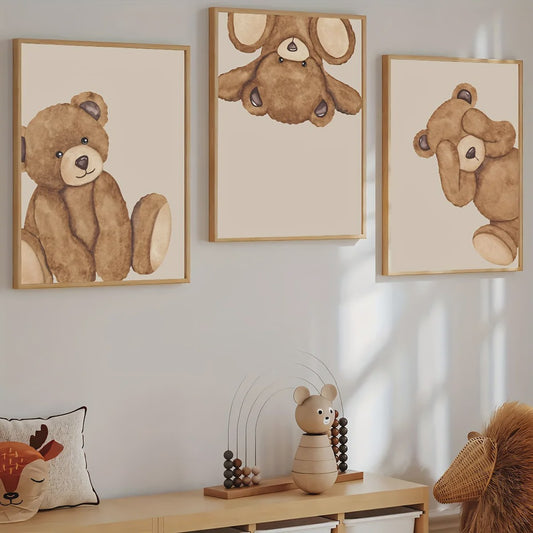 Set van 3 Schattige Bruine Beer Canvas Posters - Abstracte Dierenkunst voor Kinderkamer & Woonkamer