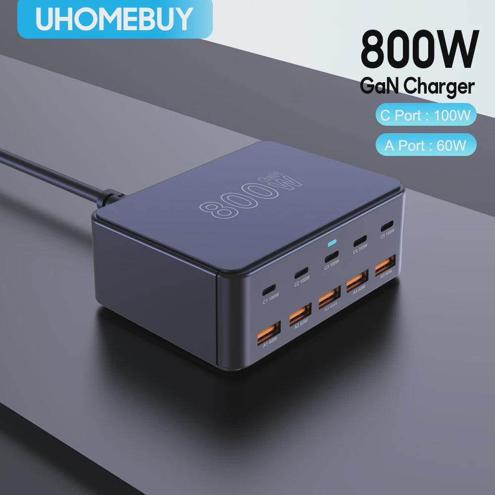 800W GaN Snellader met 10 Poorten (5x USB-C 100W, 5x USB-A 60W) - PD3.0 PPS QC3.0