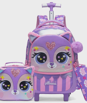 3-delige Kinder Trolley Rugzak Set met Wieltjes, Lunchtas en Etui - Meisjes