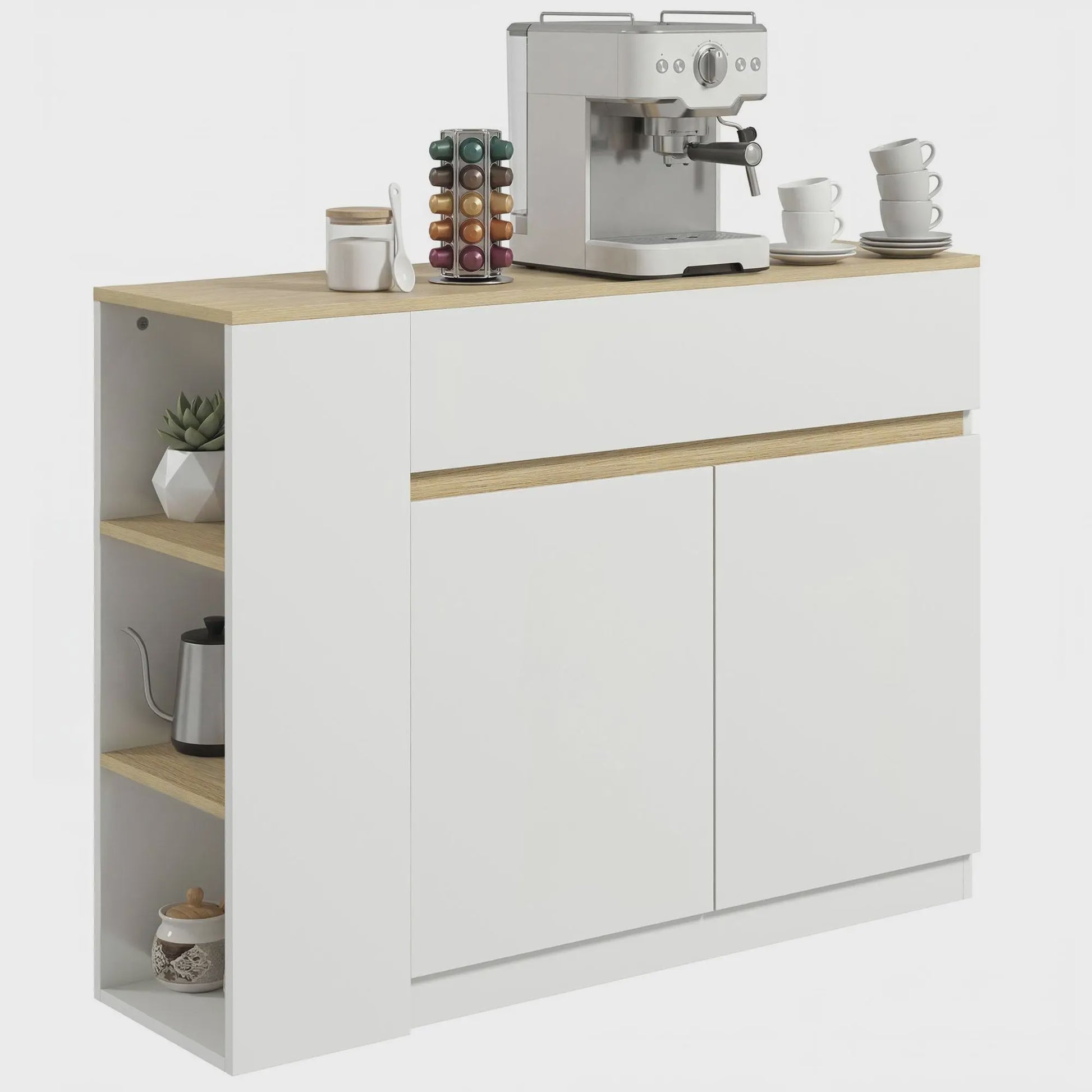 Stijlvol Wit Sideboard met 2 Deuren, 1 Lade en 3 Open Planken - 110 cm Breed